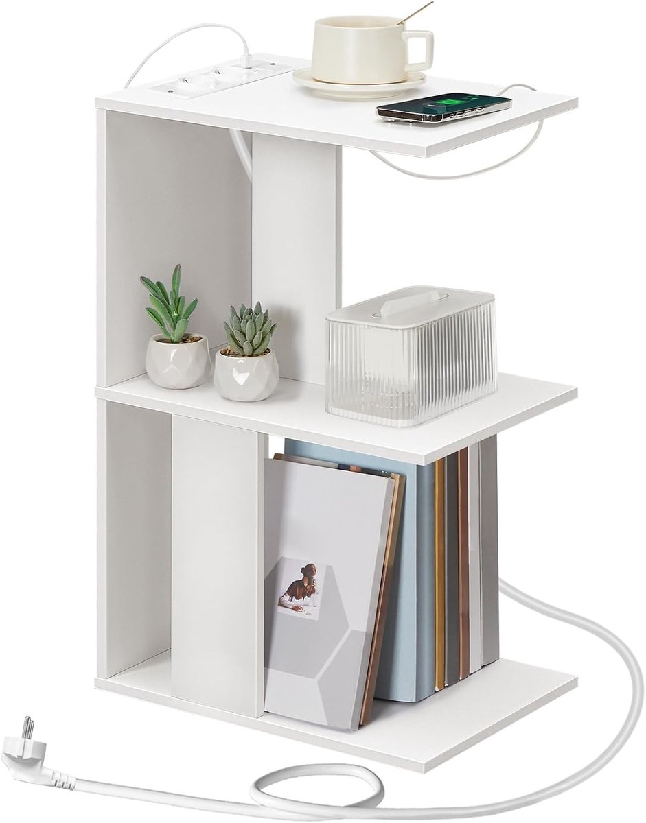 Vellaro Bijzettafel met laadstation - Wit - 38 x 28 x 62 cm - Spaanplaat met LED-sensorlicht - Voor Woonkamer en Slaapkamer