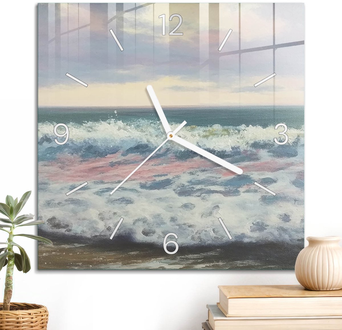 ArtPrintCave Blauw Glazen Klok - 30x30 cm - Wandklok Vierkant - Zeegezicht Wandklok Keuken - Natuur Unieke Klok - Witte Klokwijzers
