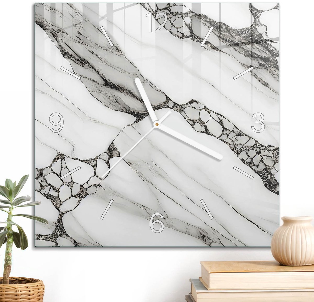 ArtPrintCave Wit Glazen Klok - 30x30 cm - Wandklok Vierkant - Marmerpatroon Wandklok Keuken - Achtergronden En Patronen Unieke Klok - Witte Klokwijzers