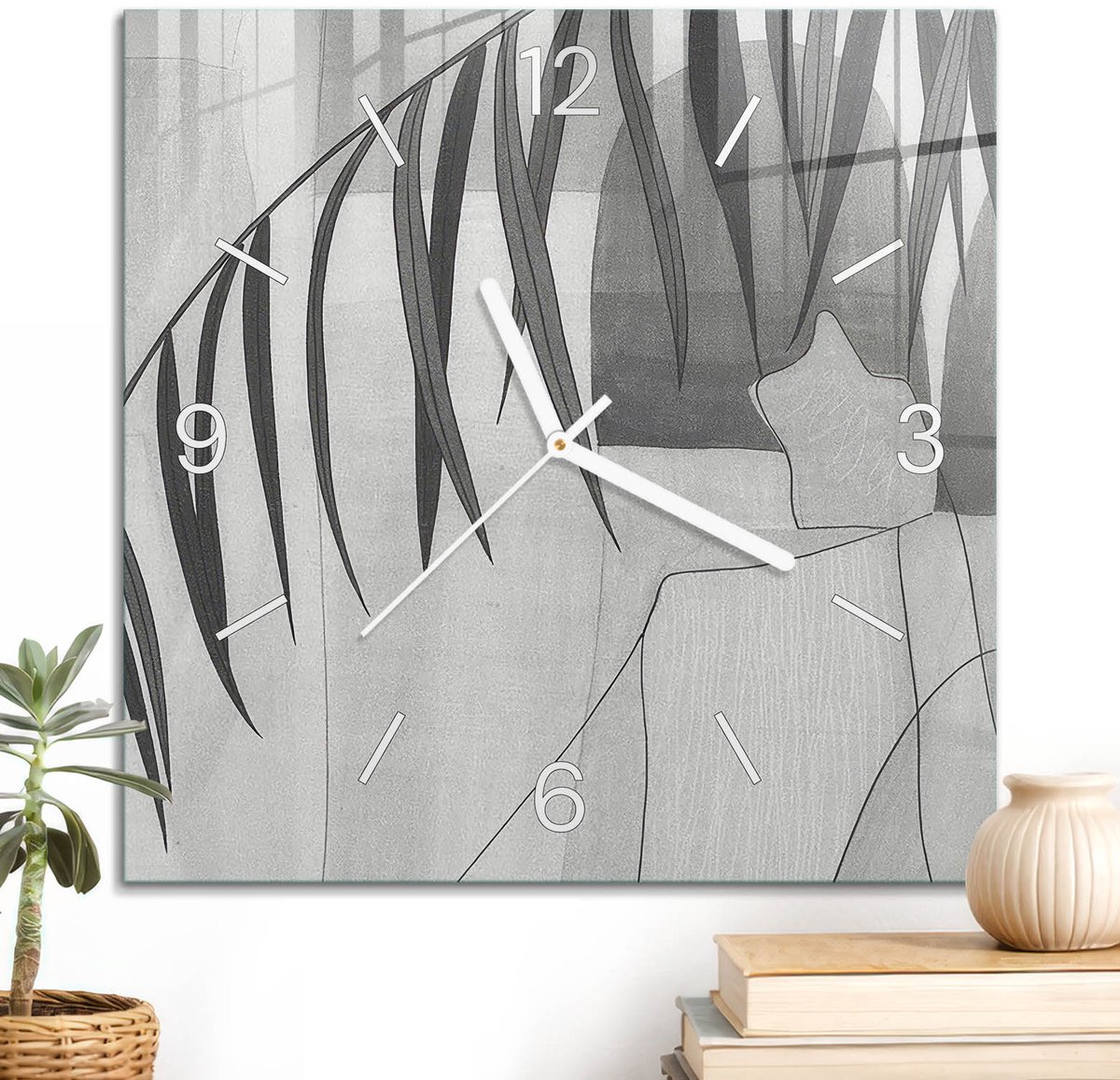 ArtPrintCave Zwart-wit Glazen Klok - 30x30 cm - Wandklok Vierkant - Geometrische Harmonie Stille Wandklok - Natuur Wandklok Keuken - Witte Klokwijzers