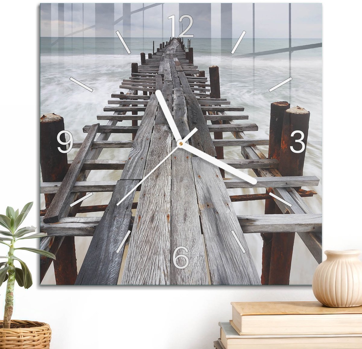 ArtPrintCave Grijs Glazen Klok - 30x30 cm - Wandklok Vierkant - Rust Aan Zee Stille Wandklok - Natuur Wandklok Keuken - Witte Klokwijzers