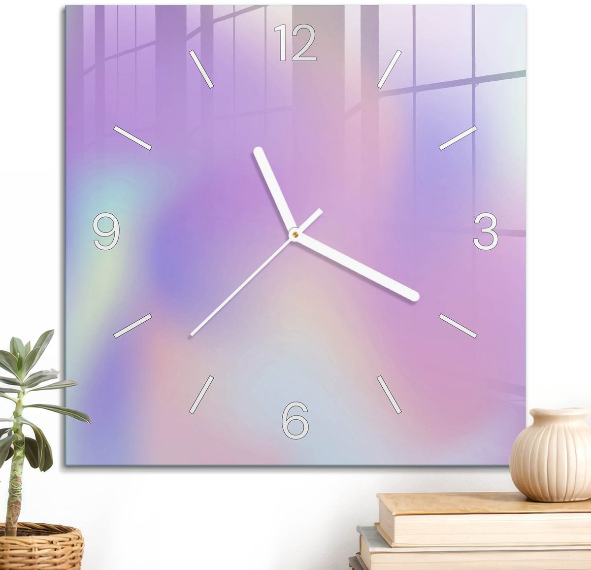 ArtPrintCave Paars Glazen Klok - 30x30 cm - Wandklok Vierkant - Pastelkleurige Golven Unieke Klok - Achtergronden En Patronen Stille Wandklok - Witte Klokwijzers