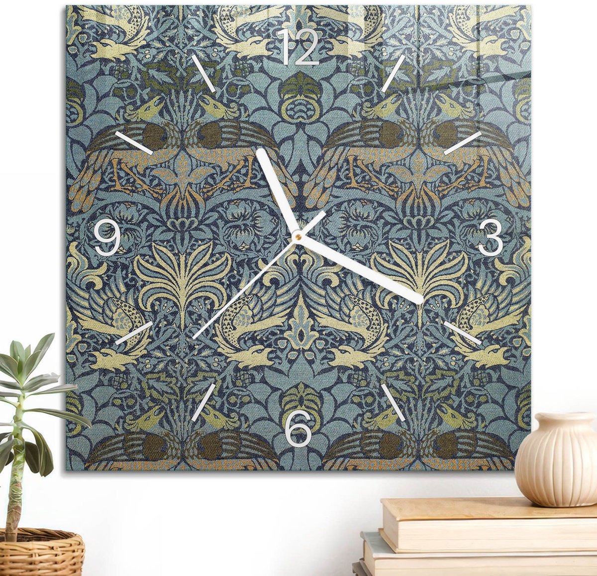 ArtPrintCave Blauw Glazen Klok - 30x30 cm - Wandklok Vierkant - Gestileerde Vogels Unieke Klok - Natuur Stille Wandklok - Witte Klokwijzers