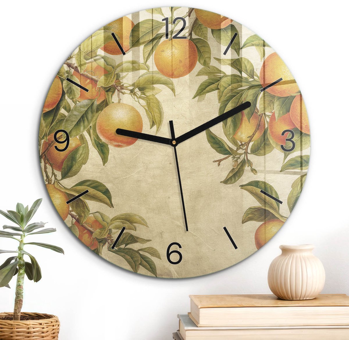 ArtPrintCave Oranje Glazen Klok - Wandklok 30 cm - Muurklok Rond - Sinaasappelboomgaard Stille Wandklok - Bloemen En Planten Wandklok Keuken - Zwarte Klokwijzers