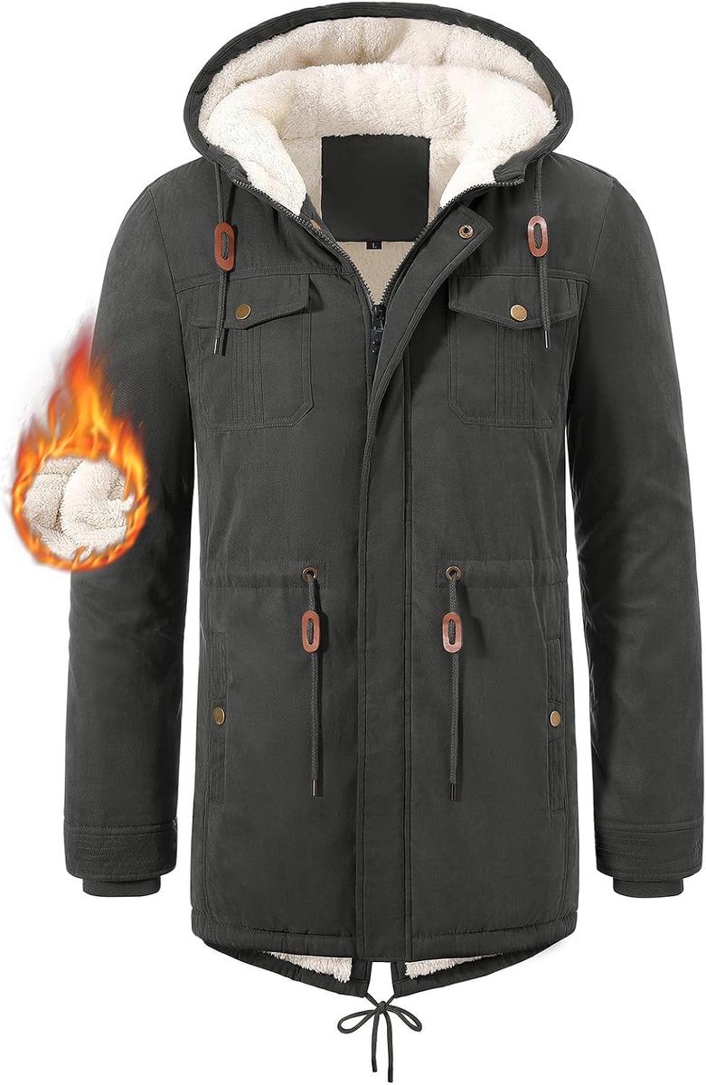 Winterjas voor heren, fleece gevoerd, winterparka met capuchon, warm, winddicht, lange jas, heren, winter, outdoor, parka, jas