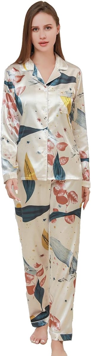satijnen pyjama voor dames, top met lange mouwen en lange zijdeachtige nachtkleding, button-down pyjamasets, nachtkleding