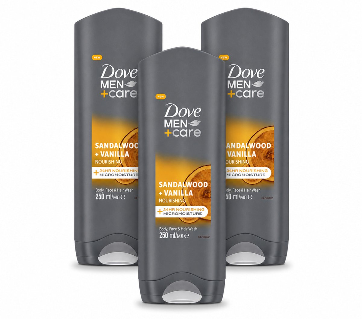 3 x Dove – Douchegel – Men+Care Sandalwood & Vanilla – 250 ml - Voordeelverpakking - 3 stuks
