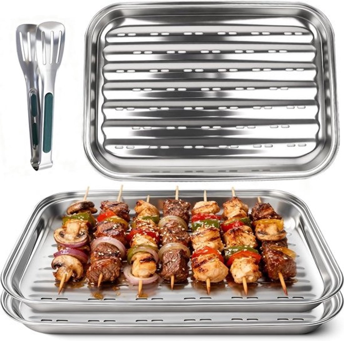 Roestvrijstalen BBQ-grillset - 3-delig met grilltang en groentenschalen - voor perfecte grillresultaten - Duurzaam en herbruikbaar accessoire - voor buiten koken
