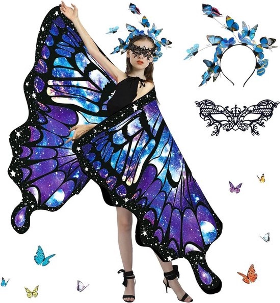 Vleermuisvleugelkostuum - Voor dames - Sjaal en cape met vlindervleugels - Voor carnaval, cosplay en Halloweenfeestjes
