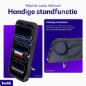 Telefoonhoes met ringstandaard in verticale en horizontale positie, met tekst over de standaard.