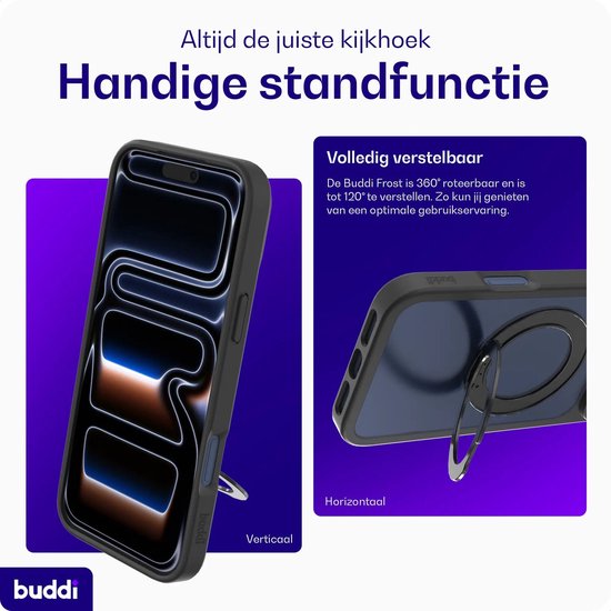 Telefoonhoes met ringstandaard in verticale en horizontale positie, met tekst over de standaard.