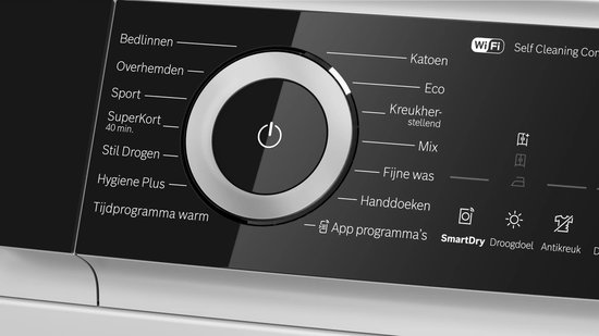 Close-up van het bedieningspaneel van een Bosch Serie 6 wasdroger met programma's zoals Bedlinnen, Eco en Katoen.