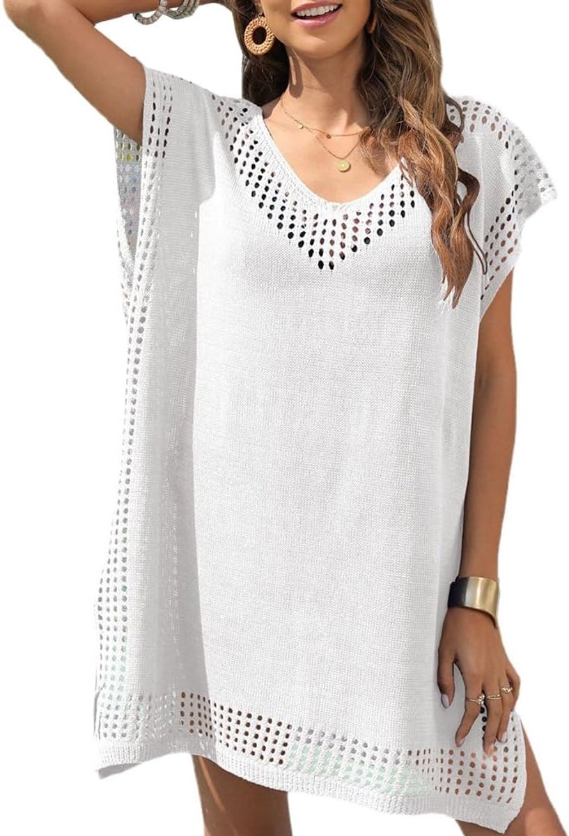 Zomerjurk van katoen, kaftan, bloemen, geborduurde strandjas, boho, losse jurk, vrouwen, strik, ruches, zoom, smocked, mini-strandjurk, mouwloos skater