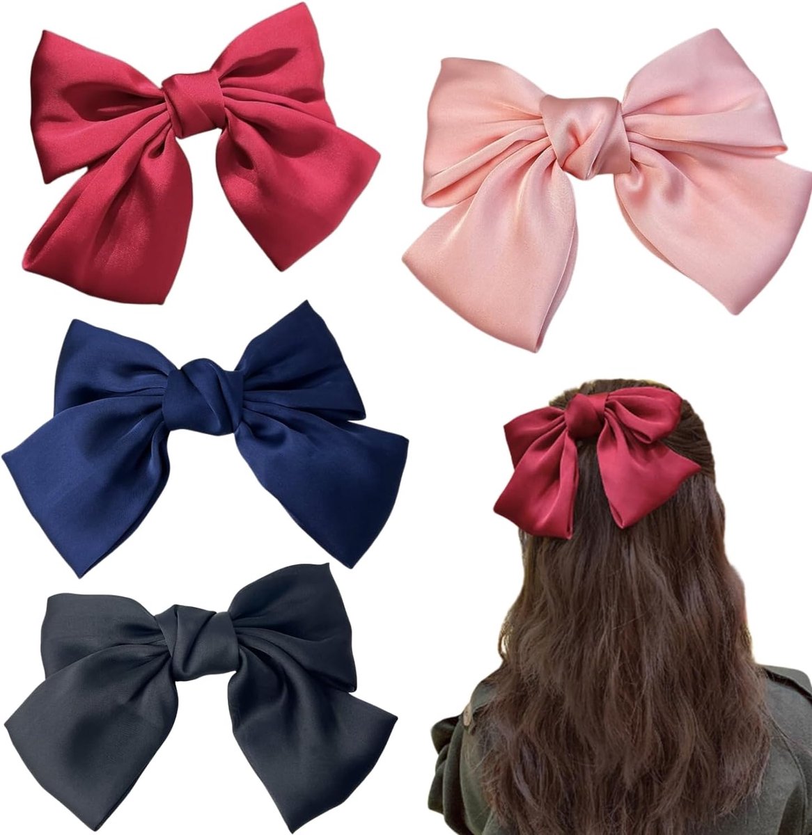 4 satijnen haarspelden met vlinderdas (rood, blauw, zwart, roze) - eendenbek clip - elegante haaraccessoires voor meisjes