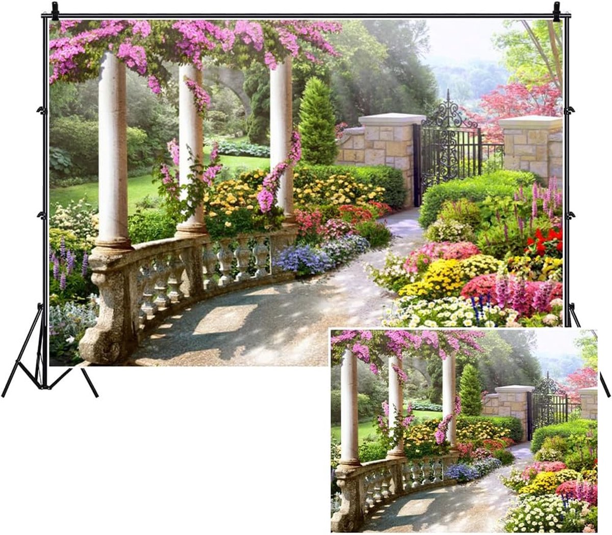 9x6ft Lente Mooie Tuin Polyester Achtergrond Vintage Tuin Architectuur Pijlers Bloeiende Bloemen Achtergrond Outdoor Bruiloft Portretten Fotostudio Rekwisieten Behang