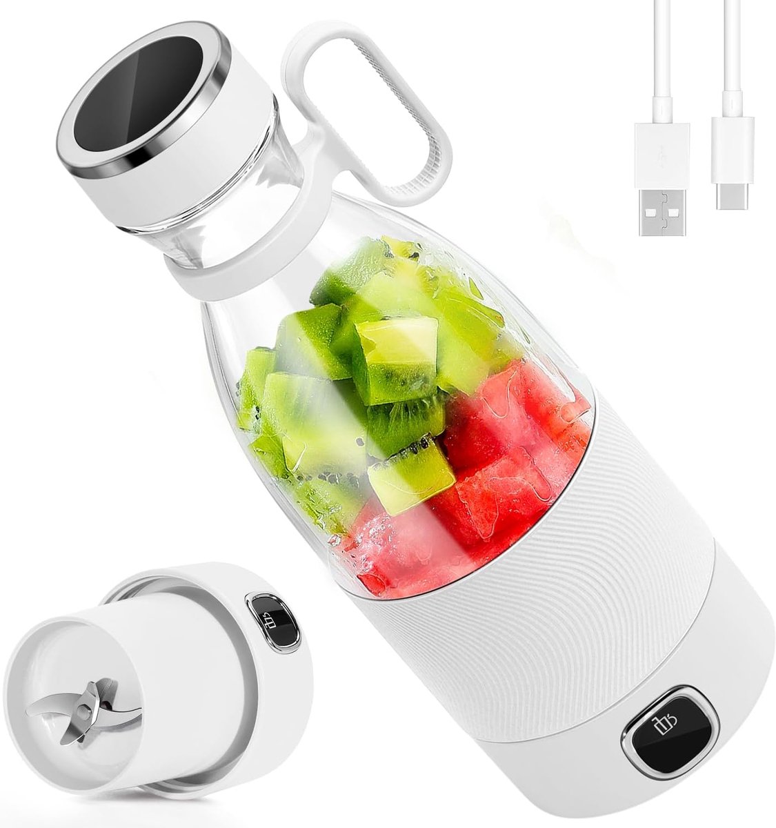Mixer voor shakes en smoothies, 3000 mAh persoonlijke blender met 6 messen, via USB oplaadbare mixerflessen, elektrisch (lichtwit)