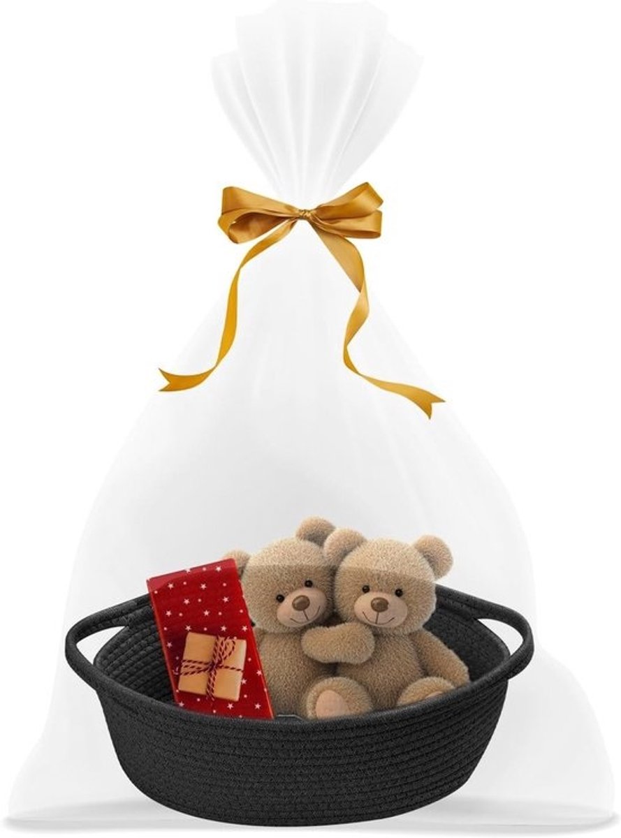 Lege gevlochten geschenkenmand met cellofaan en strik, ideaal voor babyshowers, verjaardagen en bruiloften, zwart katoen rope