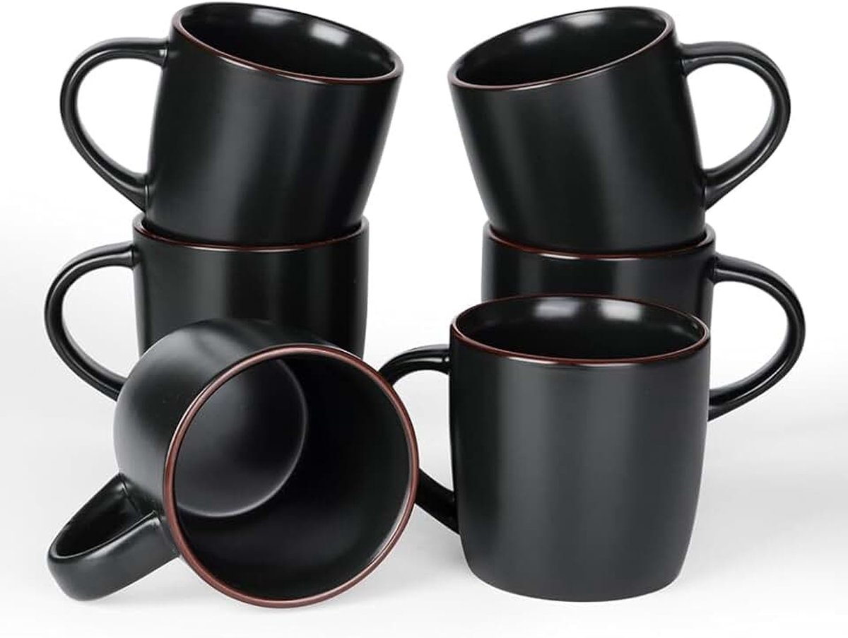 Mercury 6 keramieken koffiekopjes, 355 ml met handvat, Mat Zwart | Kopjes met handvat, keramieken mokken voor de keuken, veilig voor vaatwasser en magnetron, voor cacao/melk/thee
