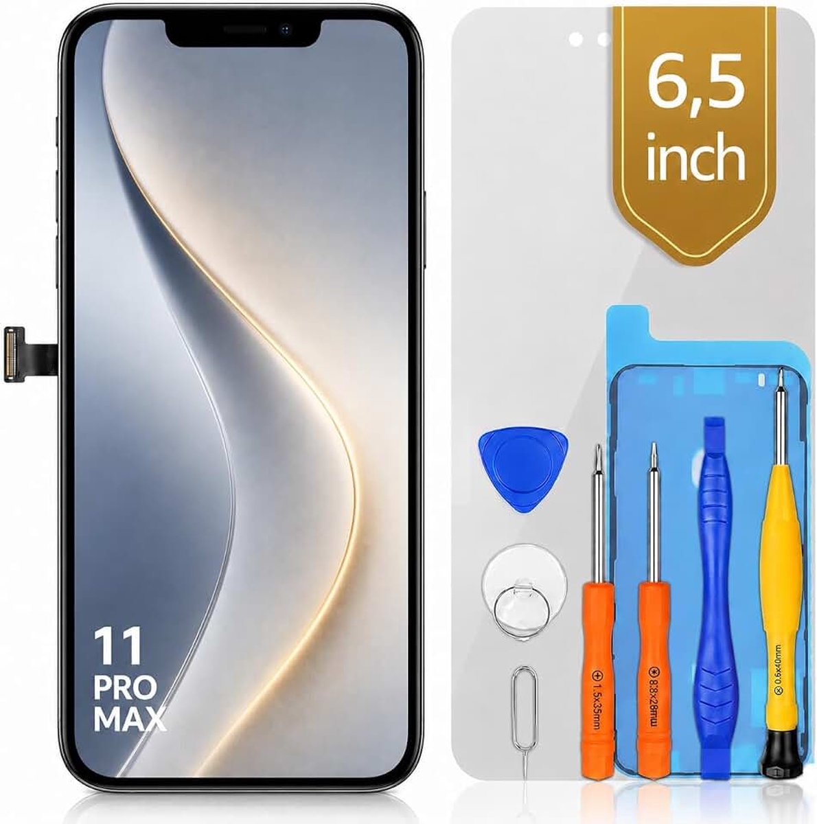 Bokman Scherm voor iPhone 11 Pro Max, 6,5" LCD vervanging reparatieset | FHD LCD-touchscreen, gereedschap, plakstrip en folie inbegrepen, True Tone na programmering, A2161/A2218/A2220