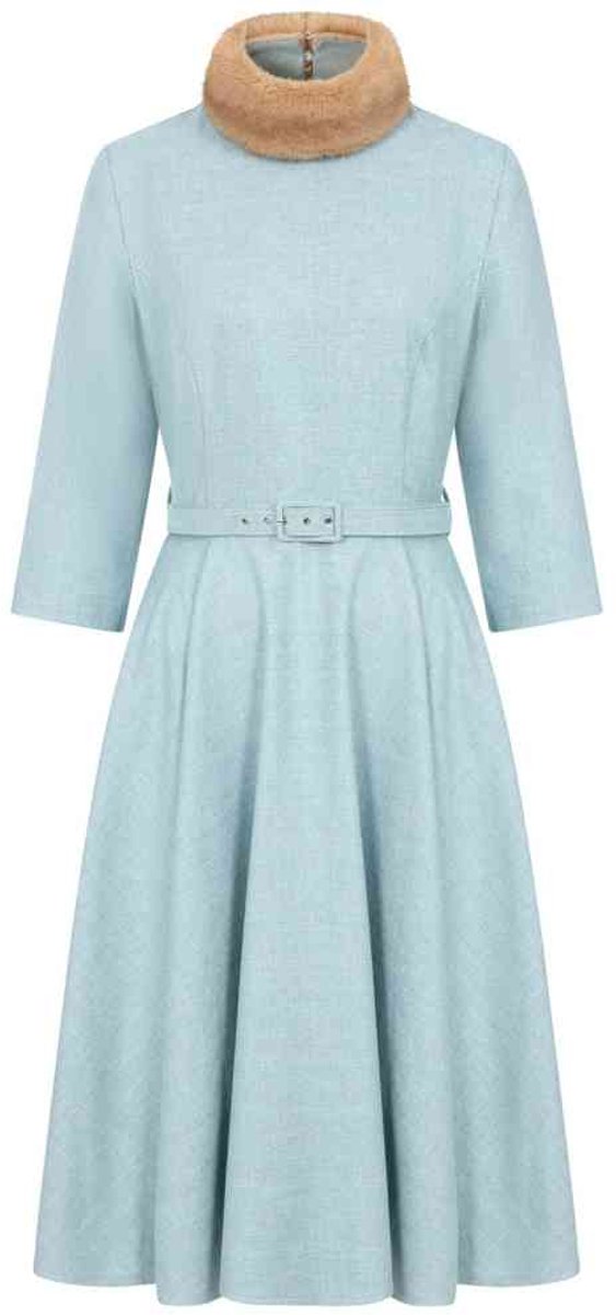 Banned - Lorna Fur Collar Swing Flare jurk - L - Blauw