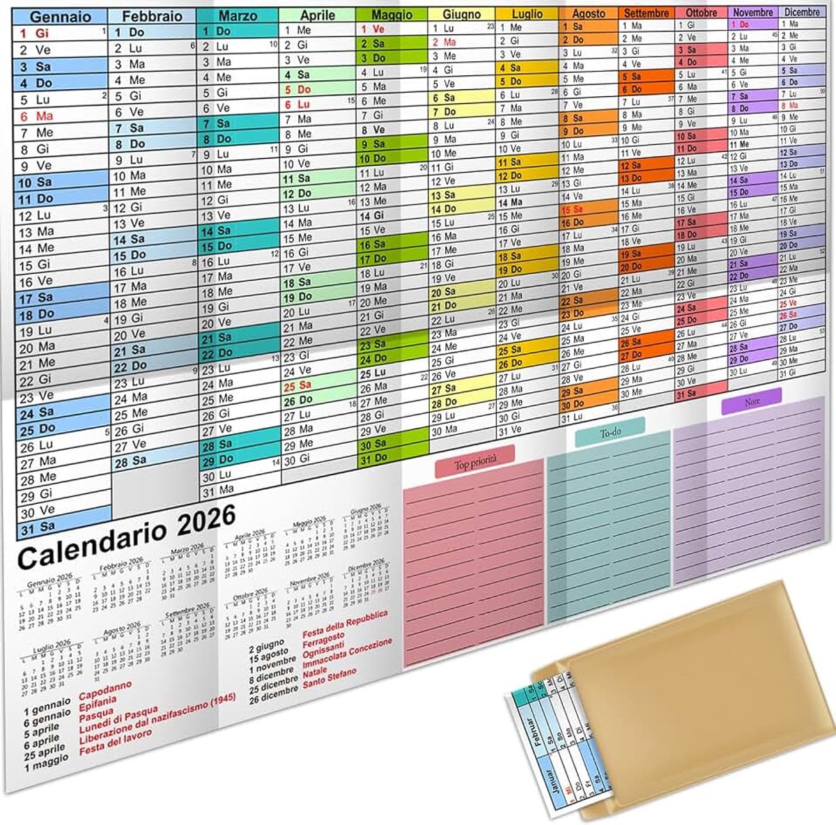 Wandkalender 2026, groot, A1, jaarlijkse planner met overzicht van feestdagen, weekkalender, opgevouwen kalender, 57 cm x 87 cm, Italiaans