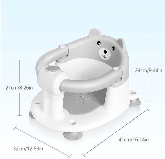 Badzitje voor Baby - Baby Badstoel vanaf 6 Maanden - Met 4 Zuignappen - Rugleuning & Armsteun met Drukknop - Waterafvoer - Voor Badkuip en Badkamer - Grijs/Wit — afbeelding 2