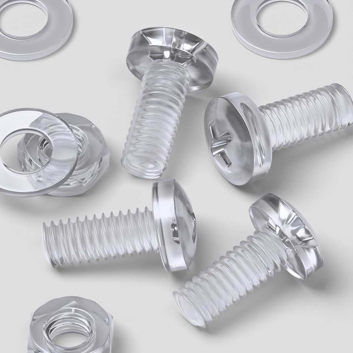 60x transparante acryl-pankopschroeven M4 x 10mm + moeren en sluitringen | Transparant kunststof bevestigingsmateriaal, corrosievrij, niet-geleidend en niet-magnetisch, met kruiskop