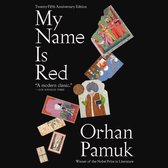 Boekomslag voor 'My Name Is Red' van Orhan Pamuk, met miniatuurillustraties van figuren in historische kledij op een zwarte achtergrond.