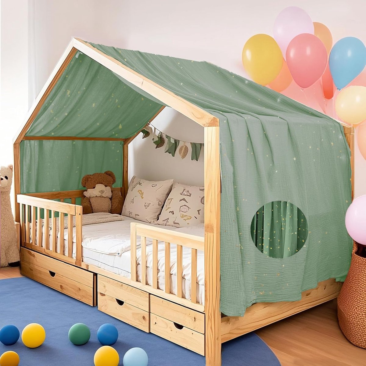 Dekbedovertrek met gouden applicatie, handgemaakt, 100% katoen, chiffon, beddecoratie, geschikt voor meisjes en jongens (eucalyptus, 132 x 420 cm)