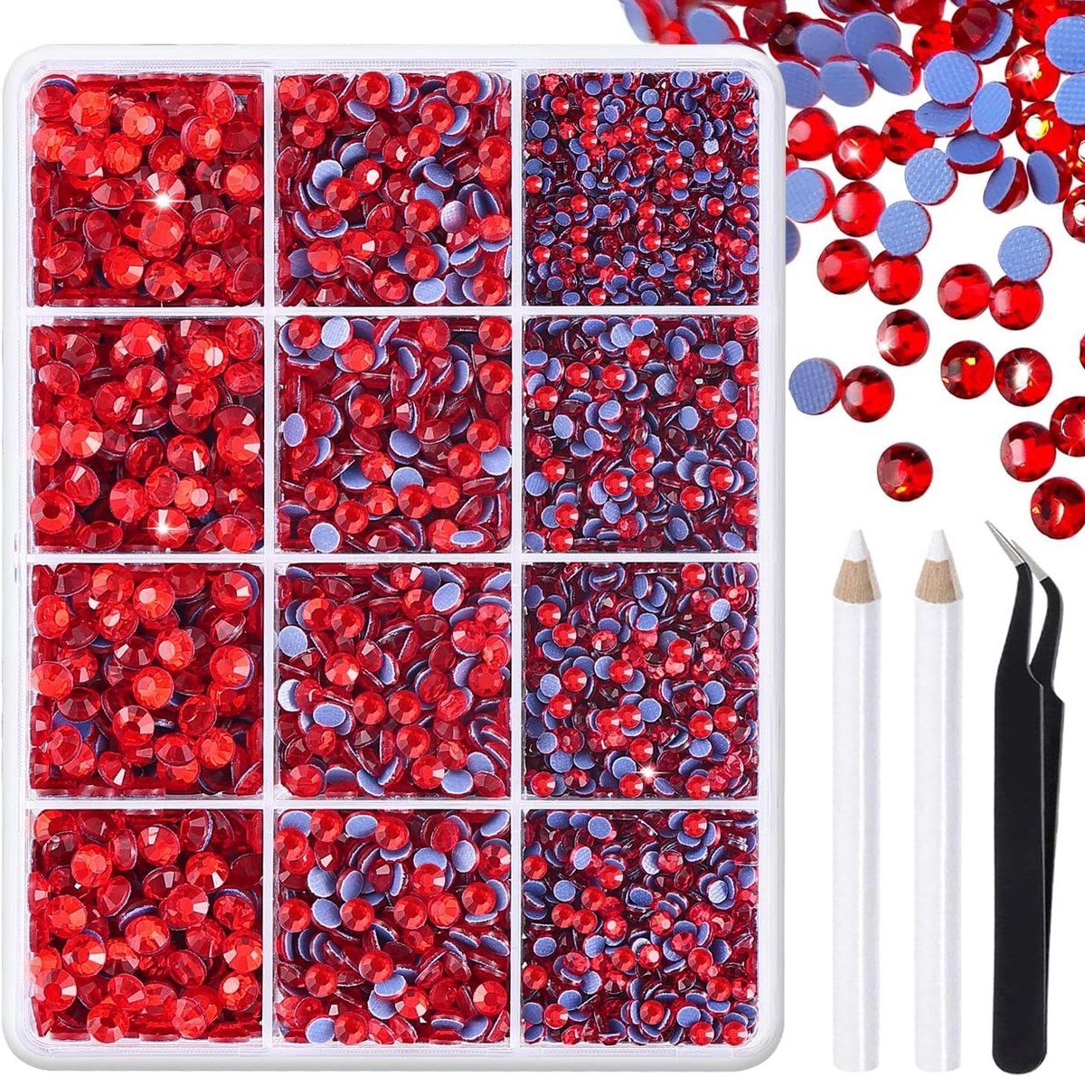 Strass-steentjes, 6800 stuks, bevat 4 maten (SS6-SS20), rode strassteentjes, 2 spelden en 1 pincet, voor handwerk en kleding