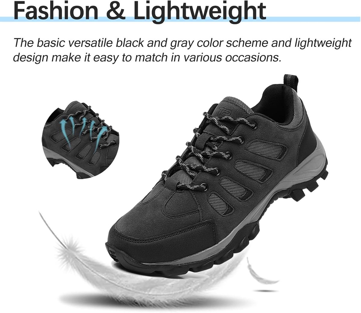 Heren Lichtgewicht Antislip Comfortabel Wandellaarzen Klimmen Trekking Outdoor Camping Sneakers Met Mesh Voering Casual Veterschoenen (47.5 Mannen,ZwartGrijs)