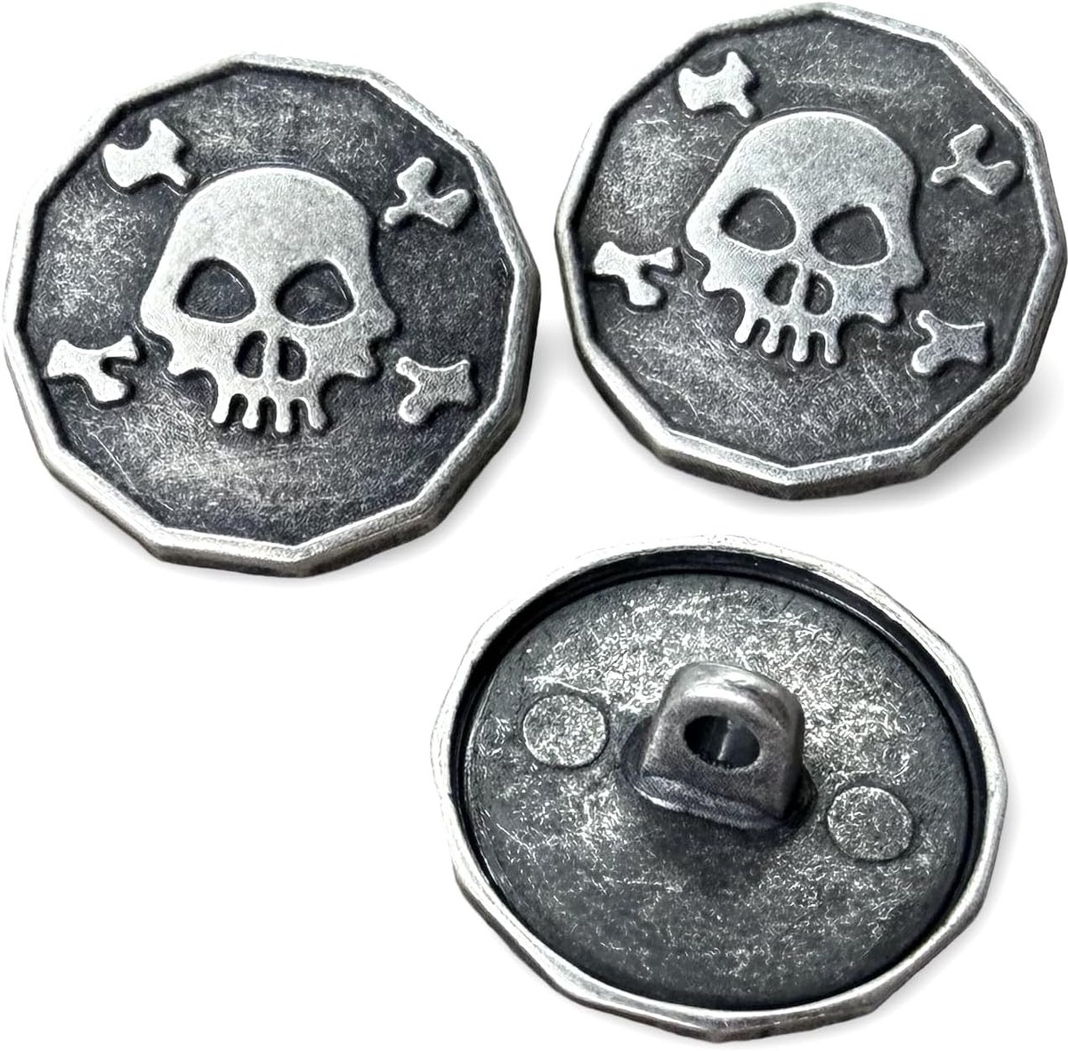 Knopen, doodshoofd, antiek zilver, 15 mm of 20 mm, achthoekige sierknopen met oogje, vintage skull knopen voor jassen, vesten, doe-het-zelf, naaiprojecten (15 mm)