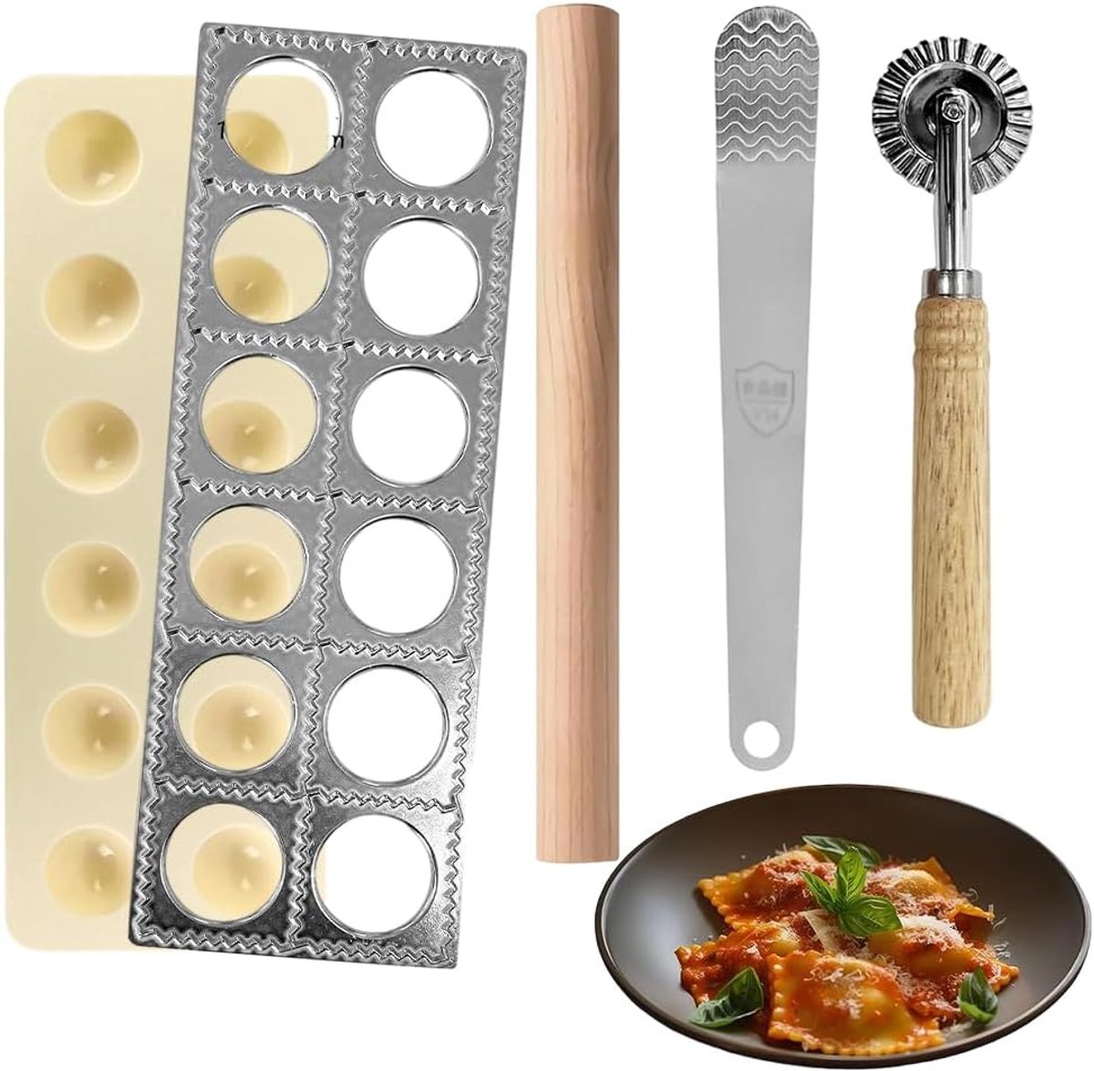 5-delige Ravioli Set, Ravioli Vormer voor 12 Stuks Tegelijk, met Houten Deegroller, Deegsnijder, Spatel en Anti-aanbak Aluminium Vorm voor Verse Pasta, Gyoza, Pelmeni, Dumplings