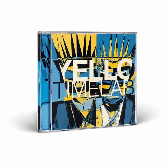 Couverture de CD avec des formes géométriques abstraites bleues, jaunes et noires. Texte 'YELLO TIMELAB'.