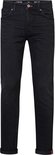 Zwarte straight fit jeans met riemlussen, knoopsluiting en omgeslagen broekspijpen met roze detail.