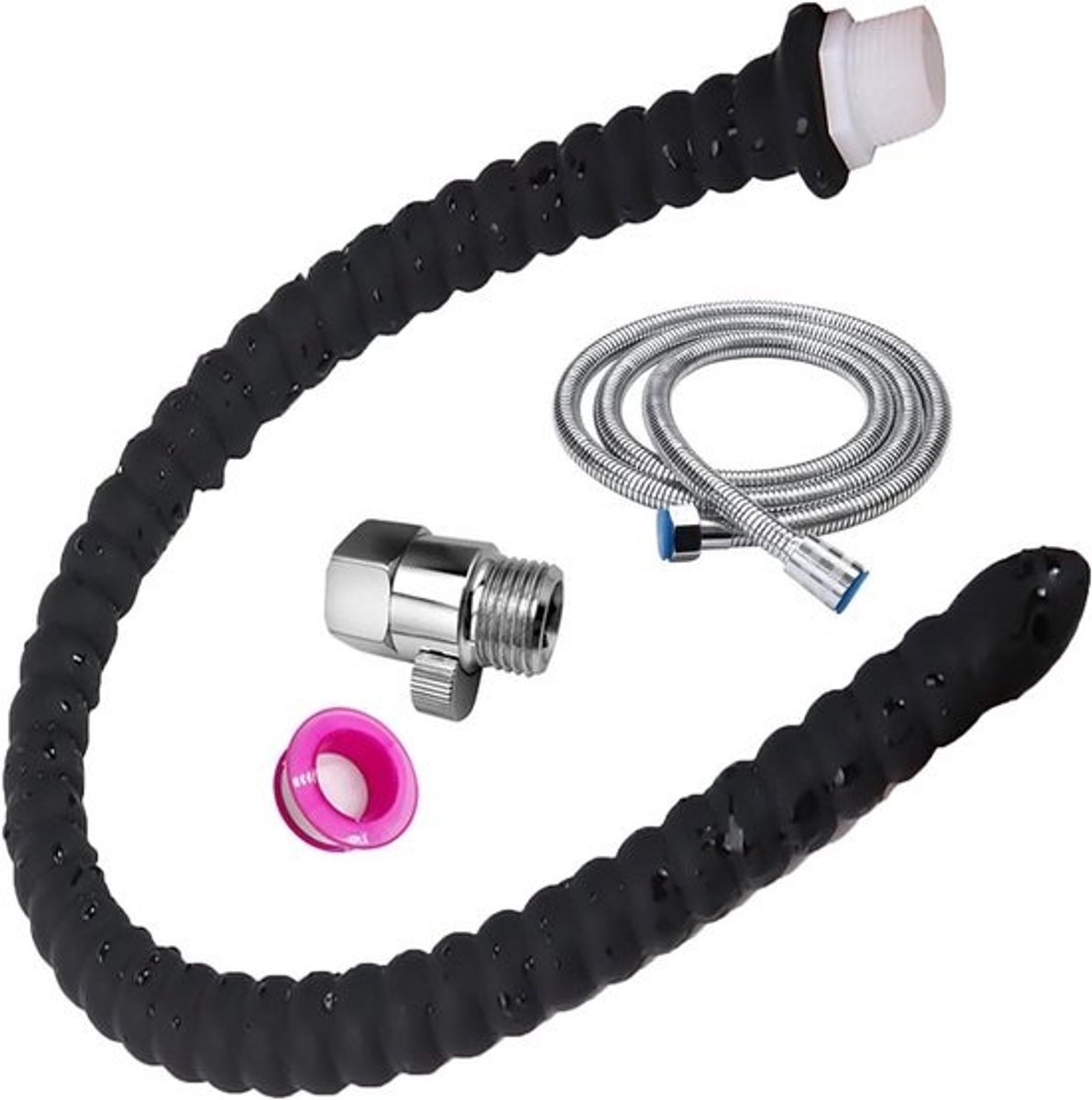 Zwarte doucheset met 4 gaten en sproeier - Slang 50 cm + 150 cm