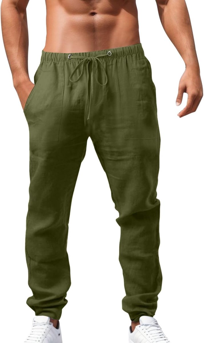 Linnen broek voor heren, zomerbroek, lichte stoffen broek, vrijetijdsbroek, strandbroek, ademend, trekkoord, elastische tailleband, casual, regular fit, elegante strandlook A166