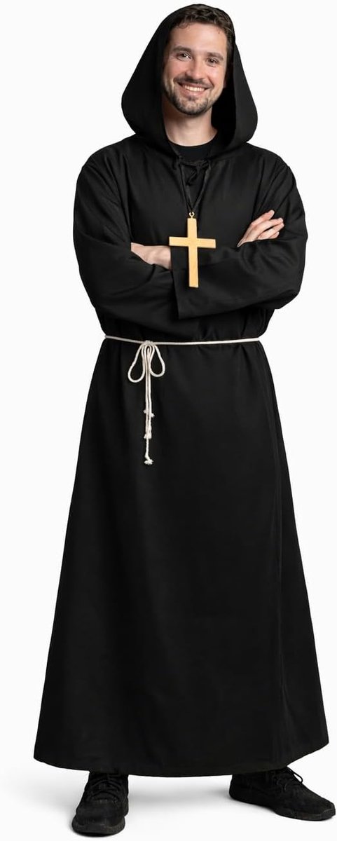 Monnik Kostuum Heren Priester Verkleedkostuum Met Tuniek, Touw En Kruis Middeleeuws Monnik Gewaad Carnaval Halloween Outfit, Zwart, Grijs of Bruin - Maat M/L of XL/2XL
