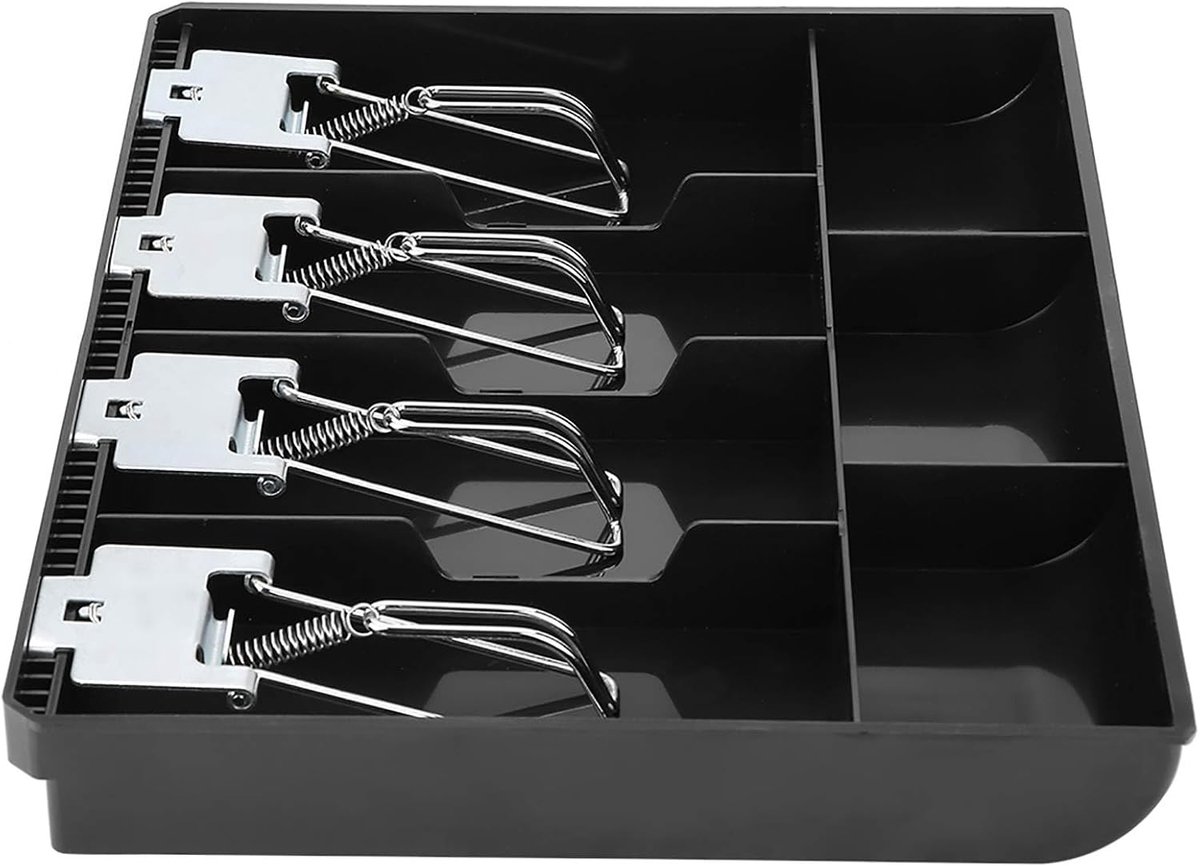 Kassalade register insert lade vervanging kassier met metalen clip 4 rekeningen 3 munten voor kleine contant geld opslag doos (zwart)