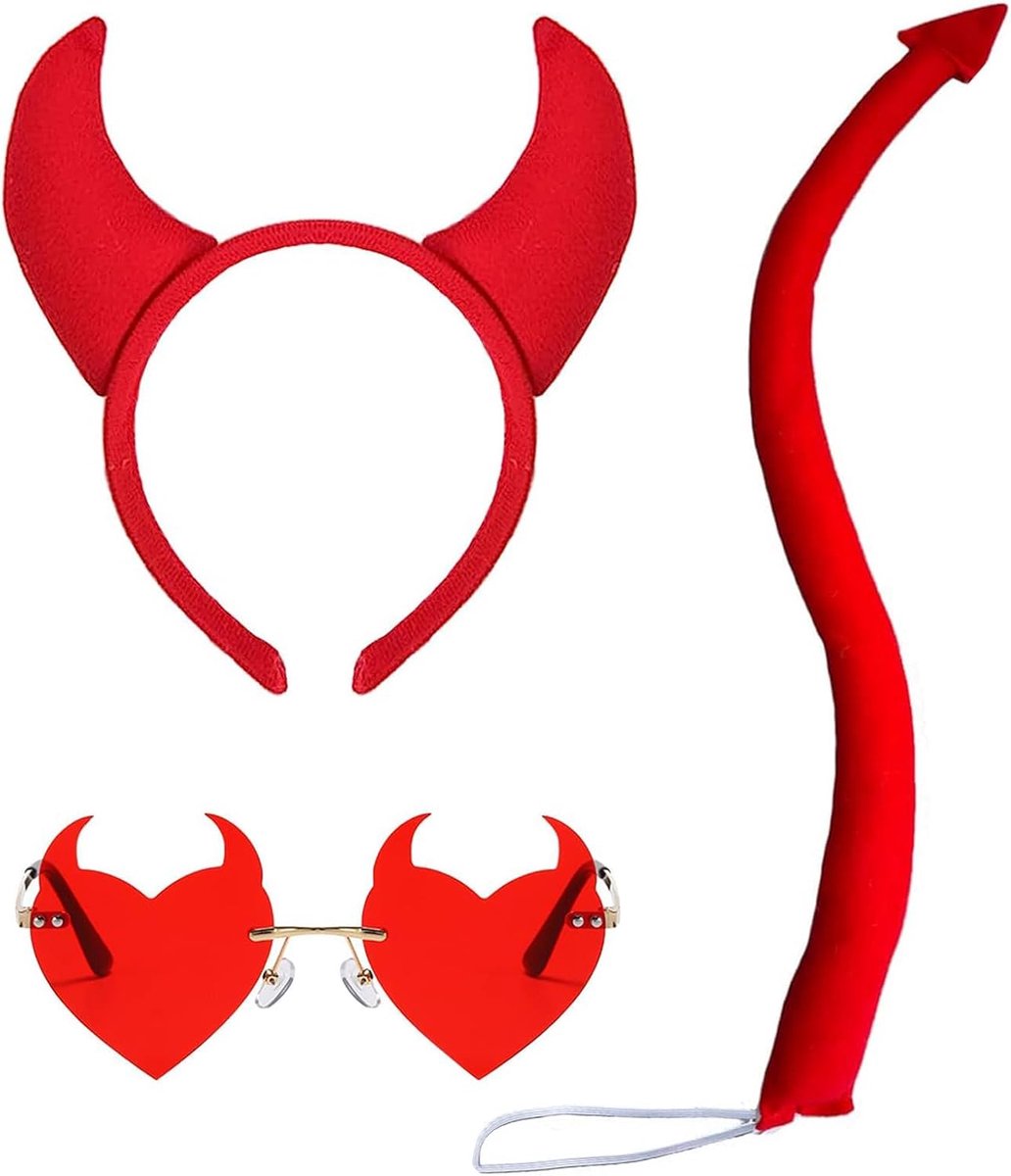Kostuumaccessoires, 3 stuks, Halloween-accessoires voor dames, met Halloween, duivelshoorns, haarband, duivelstaart, rood hart, zonnebril voor cosplay, maskerade, carnaval (B)