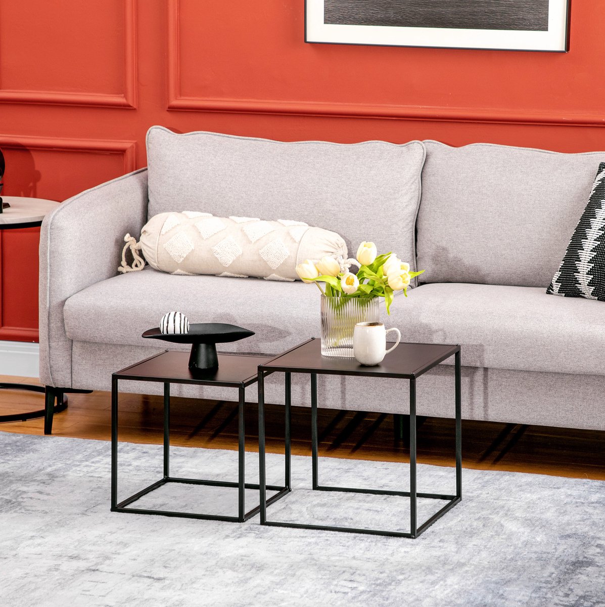 STILVORA Salontafelset 2 Delig Modern Design Met Zwart Stalen Frame Vierkante Bijzettafels Voor De Woonkamer 40x40x40 Cm En 35x35x35 Cm