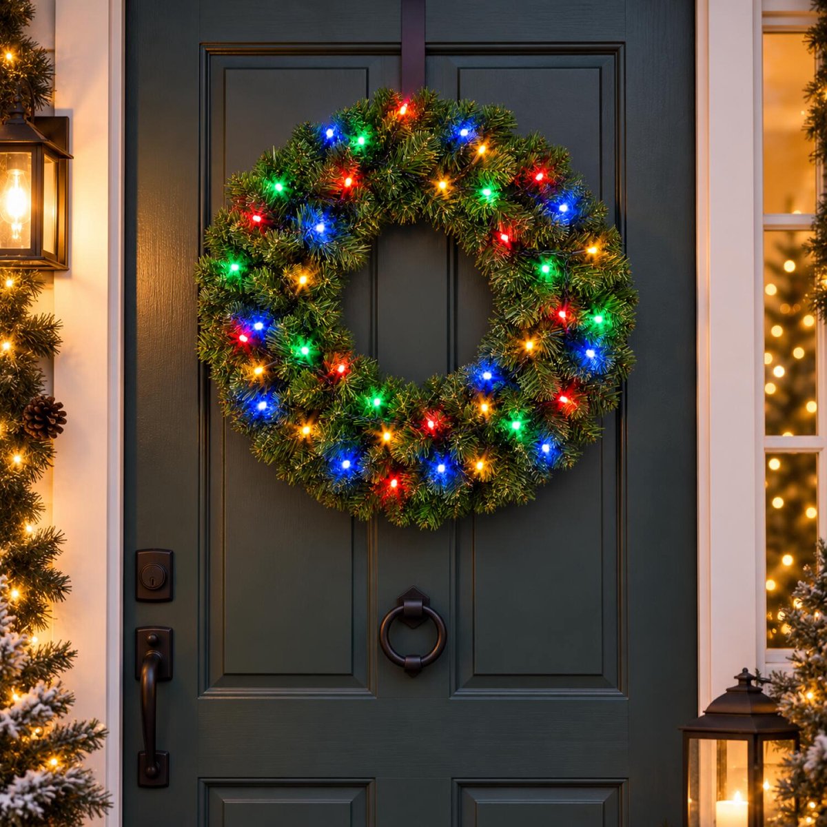 Kerstkrans - D50 cm - dennenkrans - gekleurde LED verlichting - 8 standen - deurkrans
