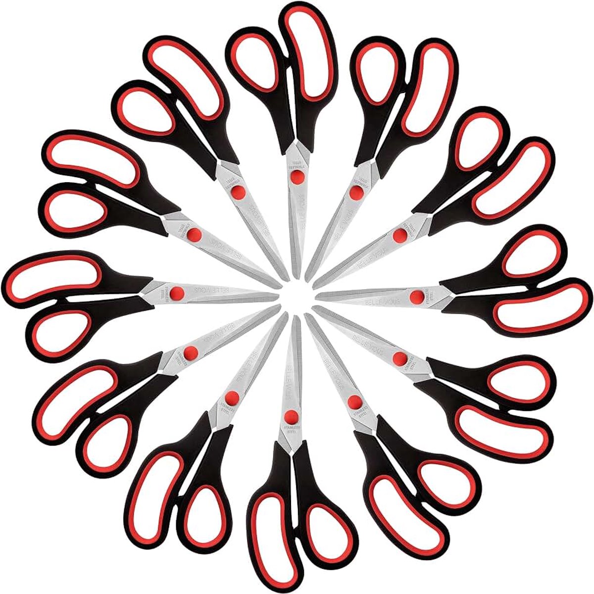 Vous Scharen Grootverpakking (12 Pak) – 21 cm Totale Lengte – Scherpe Roestvrij Stalen Bladen – Zachte Comfort Grip Handvatten – Voor Kantoor en Thuis – Multifunctionele Hobby Schaar