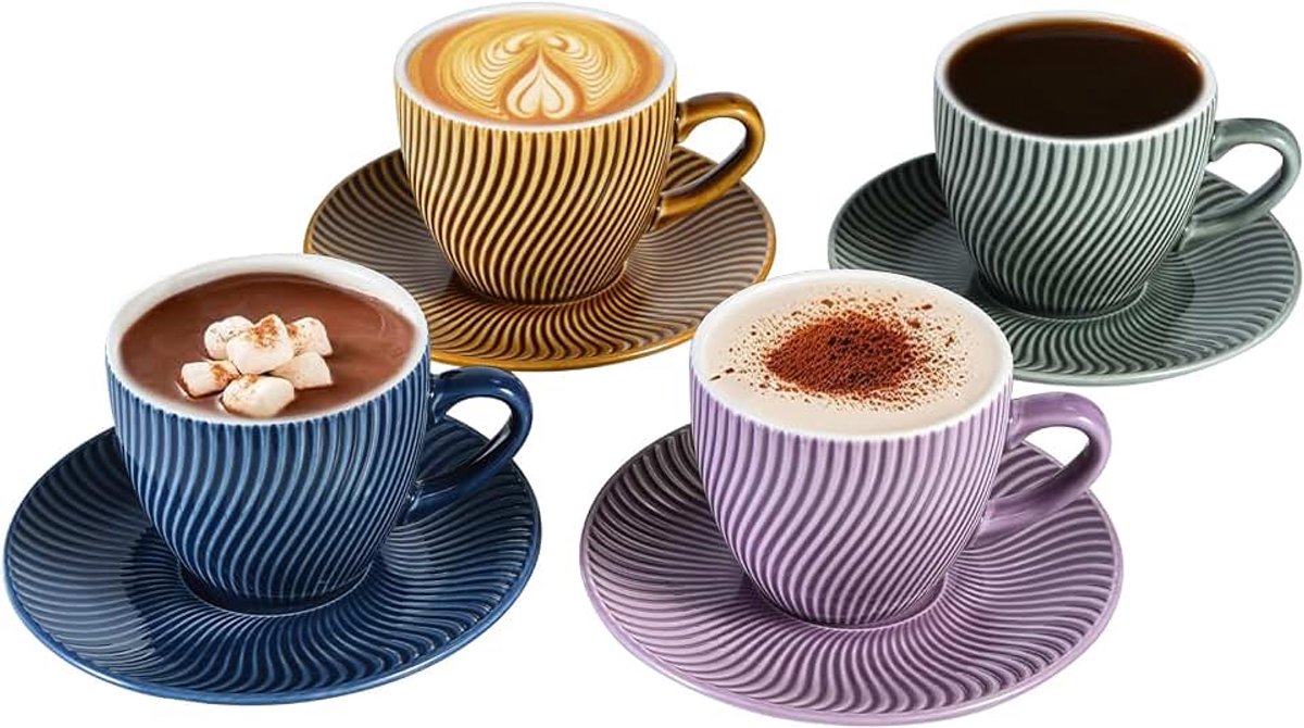 250ml Cappuccinokopjes in set van 4, modern keramiek koffiekopjes met schoteltjes, espressokopjes set, perfect voor lattes, mokkasten en matcha. (4 kleuren)