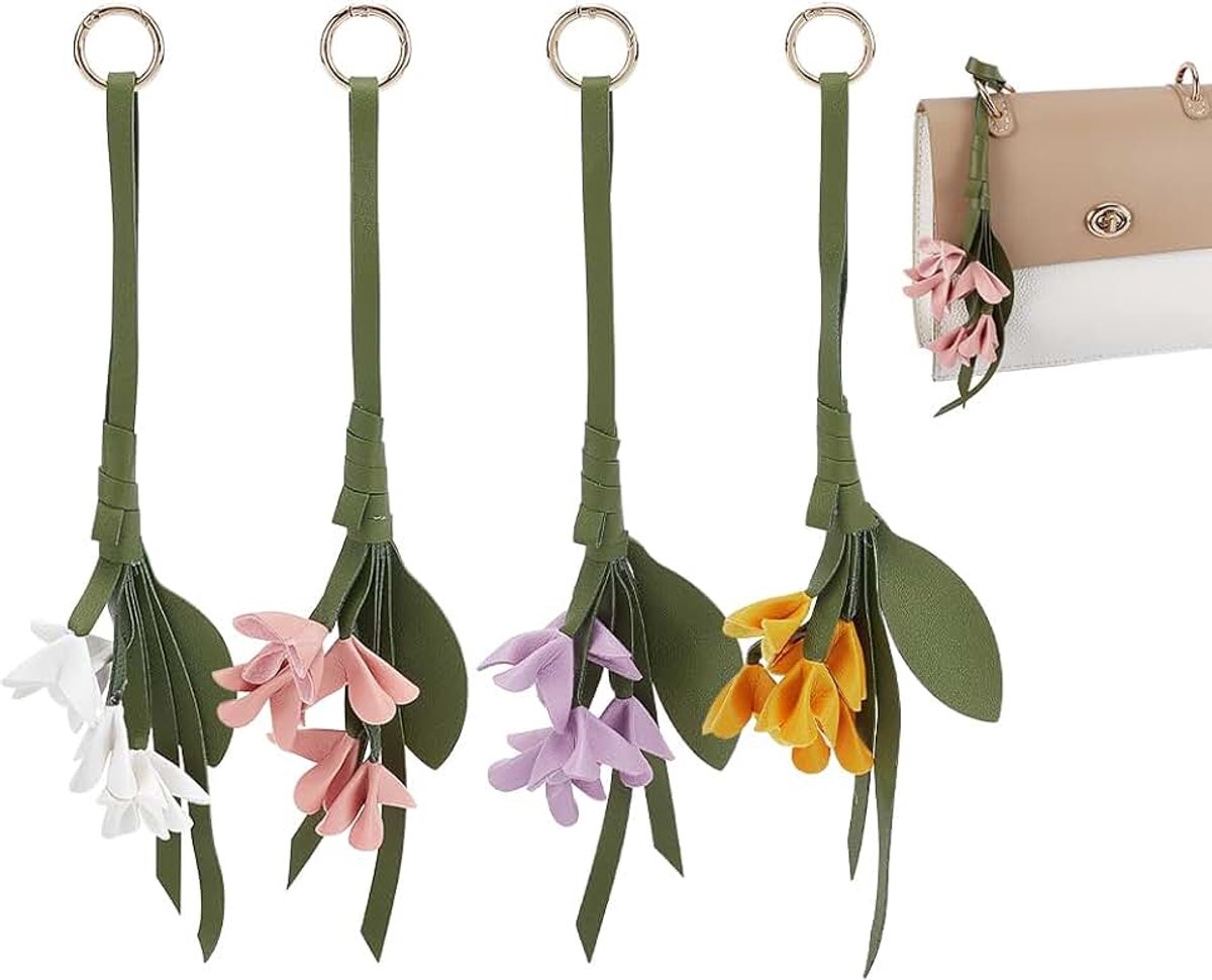 Sleutelhanger 4 Kleuren Lila Bloem Sleutelhanger Bloemen Tas Charms met 4 Stks Lente Gate Ringen Tas Charms Sleutelhanger Charm voor Vrouwen Geschenken