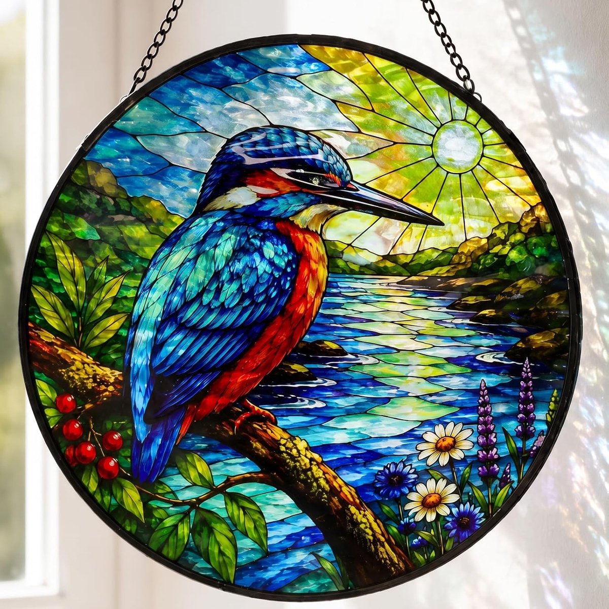 Gebrandschilderd Glas Zonnevanger, Levendig Blauw & Oranje Wildlife Decor voor Thuis Serre Tuin Raam, Handgemaakte Look Glas Art Gift voor Vogelliefhebbers, Vrouwen Mama