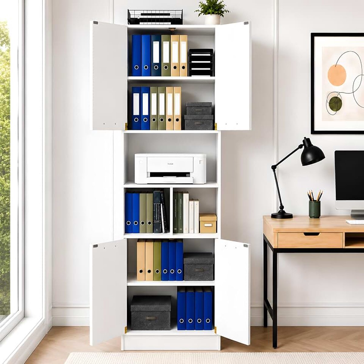 Wit 1 Stuk, Hoge Kantoorkast 180 cm, Dossierkast 60 cm Breed met Open Vak, Opbergkast 40 cm Diep met Deuren voor A4 Mappen, Printer, Boeken en Ordners