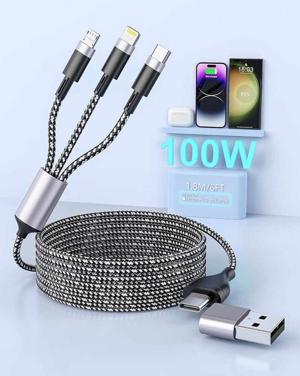 Multi Oplaadkabel, [1,8M] 3-in-2 oplaadkabel met E-Mark Chip USB C naar USB [66W] + Lightning [20W] + Micro [18W] voor iPhone 16/15/14/13, Galaxy S24/S23, Mac Book Pro/Air, LG