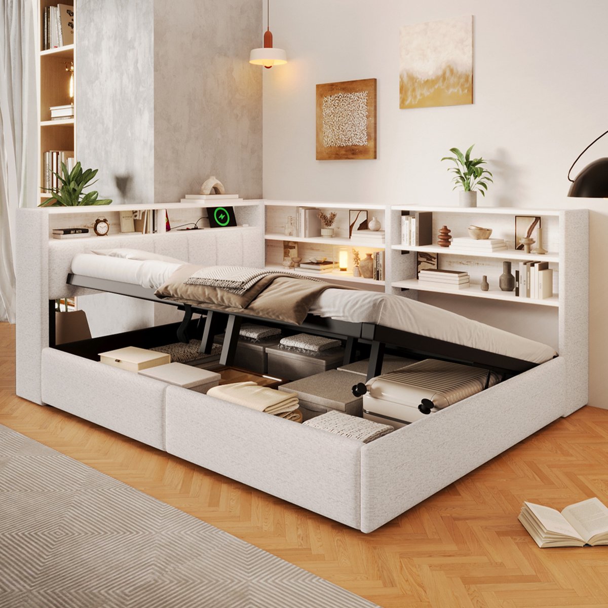 Kinderbed, Slaapbank, 140 x 200 cm, hydraulische opslag, stopcontact, zij-kastelement links / rechts te monteren, met USB-aansluiting, met LED-lichtstrip, zonder matras, fluweel, crème wit