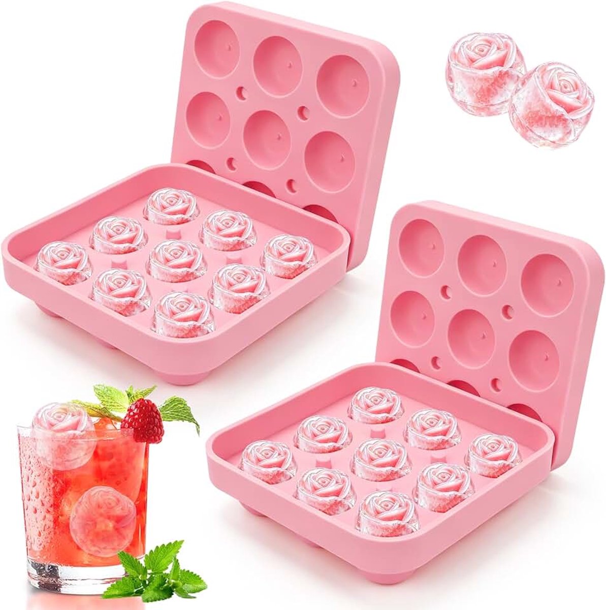 Siliconen, 2 stuks, rozen, grappige ijsblokjesvorm, 9 vakken, ijsblokjesvormen, ijsblokjeshouder met deksel, herbruikbare ijsblokjesvormen voor ijs, sap, whisky, cocktail, koffie